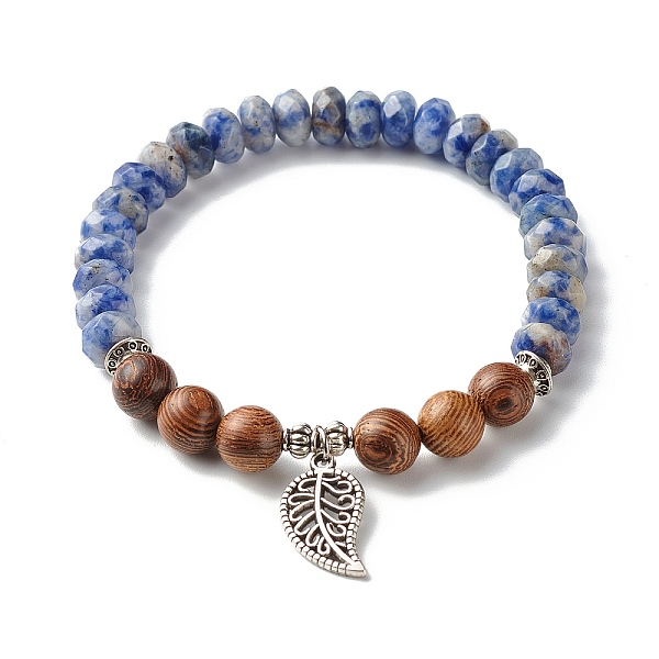 

PandaHall Reiki Natural Blue Spot Jasper & Wenge Wood Beads Stretch Bracelet, Leaf Alloy Charm Bracelet for Girl Women, Inner Diameter...