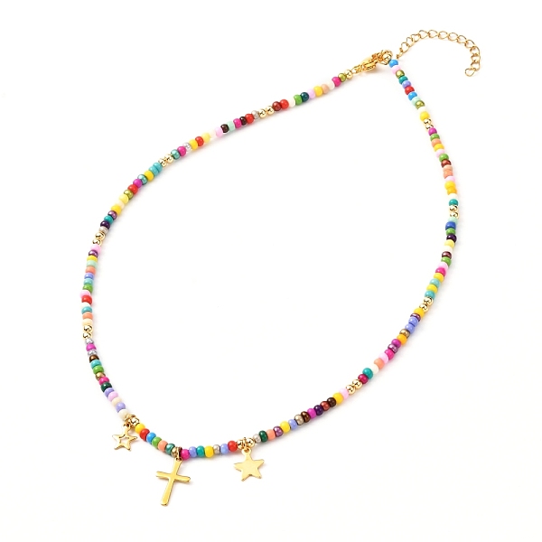 

PandaHall Glass Seed Beaded Necklaces, Star & Cross Charms Necklace, Golden, Colorful, 15.35 inch(39cm) Glass