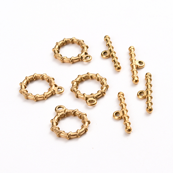 

PandaHall Ion Plating(IP) 304 Stainless Steel Toggle Clasps, Ring, Golden, Ring: 19x16x2.5mm, Hole: 1.6mm, Bar: 22x6x2.5mm, Hole: 1.6mm 304...
