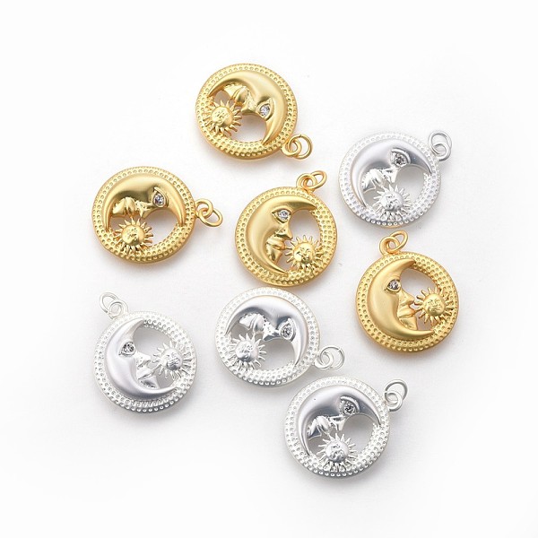 

PandaHall Brass Pendants, with Micro Pave Cubic Zirconia, Long-Lasting Plated, Flat Round with Moon & Sun, Clear, Mixed Color, 23x19.5x5mm...