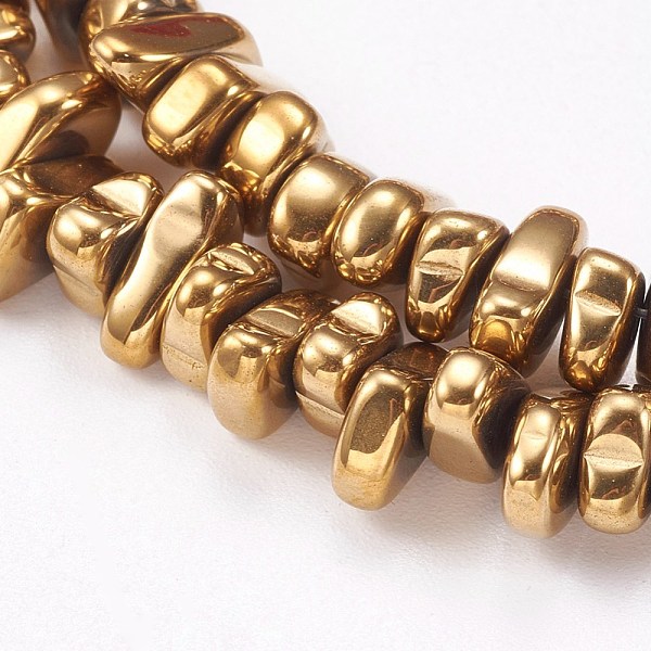 

PandaHall Electroplated Non-magnetic Synthetic Hematite Beads Strands, Nuggets, Golden Plated, 4~6x5~12x3mm, Hole: 0.7mm, about...