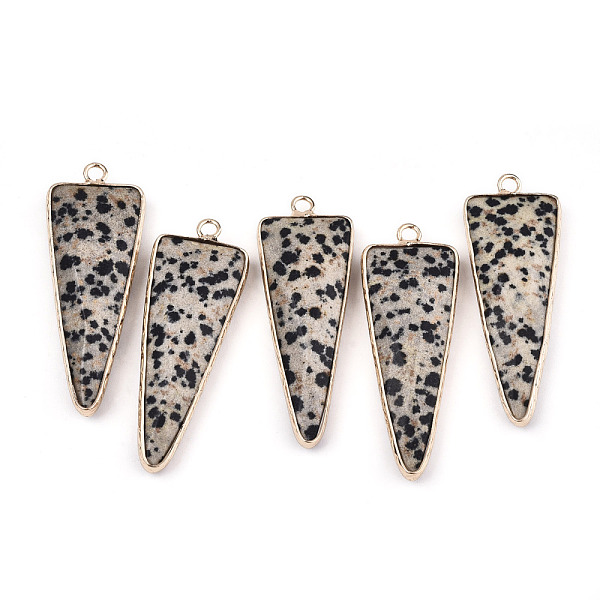 

PandaHall Natural Dalmatian Jasper Pointed Pendants, with Light Gold Plated Brass Edge and Loop, Triangle, Faceted, 45.5x16.5x6~7mm, Hole...