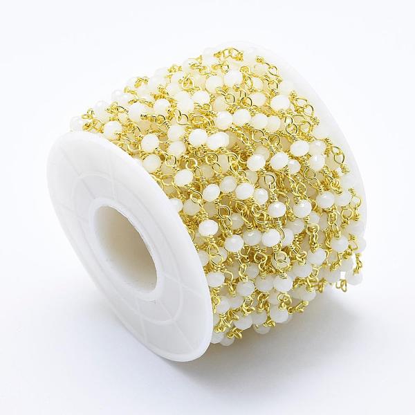 

PandaHall Electroplate Opaque Glass Handmade Beaded Chains, Unwelded, Lead Free & Cadmium Free, with Spool, with Brass Eye Pin, Long-Lasting..., White