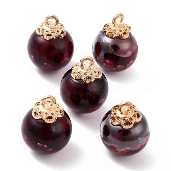 

PandaHall Glass Dried Flower Big Pendants, with Alloy Findings, Round, Light Gold, Indian Red, 21x16mm, Hole: 2mm Alloy+Glass Round