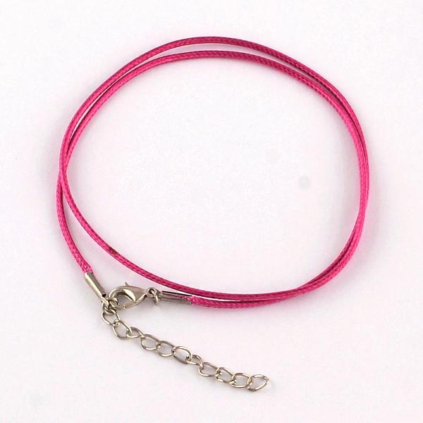 

PandaHall Waxed Cotton Cord Necklace Making, with Alloy Lobster Claw Clasps and Iron End Chains, Platinum, Magenta, 17.4 inch(44cm) Waxed..., Pink