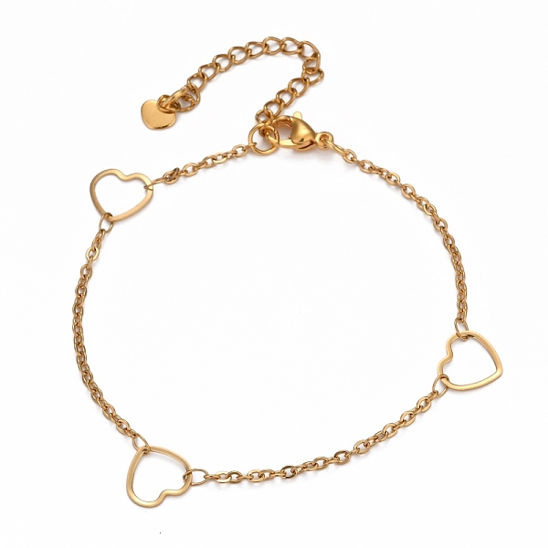 PandaHall 304 Stainless Steel Cable Chain Anklets, with Heart Link and Lobster Claw Clasps, Golden, 9-1/8 inch(23.3cm) Stainless Steel