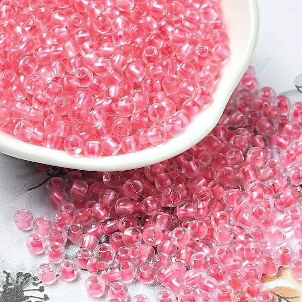 

PandaHall Transparent Glass Round Seed Beads, Inside Colours, Round, Hot Pink, 6/0, 4x3mm, Hole: 1.2mm, about 7258pcs/pound Glass