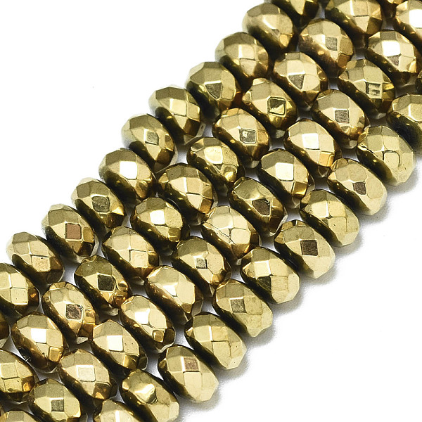 PandaHall Electroplate Non-magnetic Synthetic Hematite Beads Strands, Rondelle, Faceted, Real 18K Gold Plated, 6x4mm, Hole: 1.2mm, about...