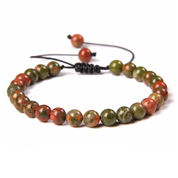 Natural Unakite Round Bead Adjustable Braided Bracelets