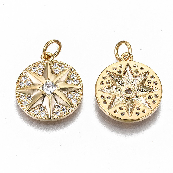 

PandaHall Brass Micro Pave Clear Cubic Zirconia Pendants, with Jump Rings, Nickel Free, Flat Round with Star, Real 18K Gold Plated...