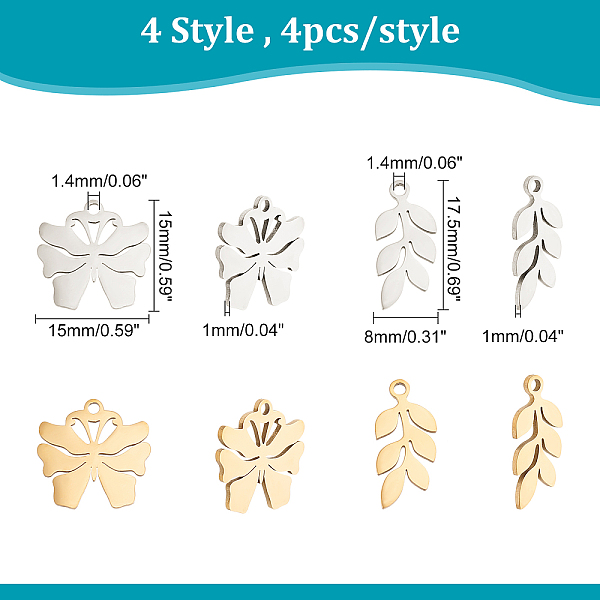 

PandaHall DICOSMETIC 16Pcs 4 Style Leaf Charms Pendants Butterfly Charms Connectors Pendants Branch Beads Charms Stainless Steel Pendants...