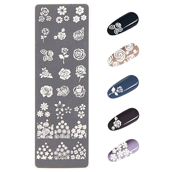 PandaHall Stainless Steel Nail Art Stamping Plates, Nail Image Templates, Rectangle with Flower Pattern, Stainless Steel Color, 120x40mm...