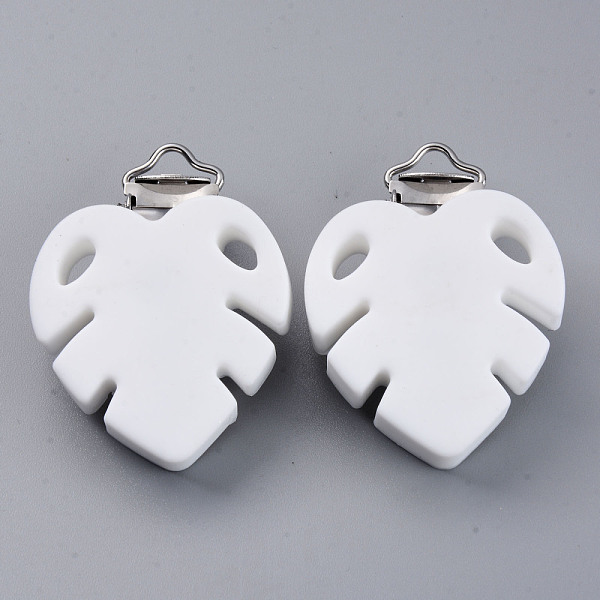 

PandaHall Food Grade Eco-Friendly Silicone Baby Pacifier Clips, with 304 Stainless Steel Clips, Leaf, Stainless Steel Color, White...