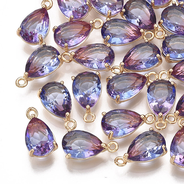 

PandaHall Glass Pendants, with Brass Findings, Faceted, teardrop, Golden, Colorful, 13x7x5mm, Hole: 1.2mm Brass+Glass Teardrop