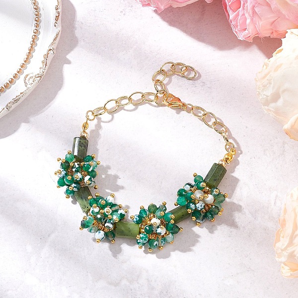 Bracciale a maglie da donna con perline di agata naturale fire crackle e giada canadese