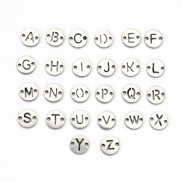 

PandaHall 201 Stainless Steel Links, Laser Cut, Flat Round, Letter A~Z, 6x6x1mm, Hole: 0.8mm, about 26pcs/set 201 Stainless Steel Letter A~Z