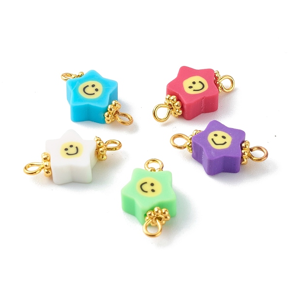 

PandaHall Handmade Polymer Clay Star Smiling Face Link, with Golden Iron Eye Pin and Alloy Daisy Spacer Beads, Mixed Color, 17.5x9x4.5mm..., Multicolor