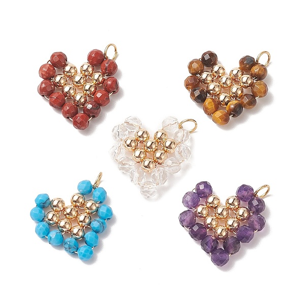 

PandaHall Natural & Synthetic Mixed Gemstone Copper Wire Wrapped Pendants, Heart Charms, with Golden Tone Brass Beads, 22.5x22x4.5mm, Hole...