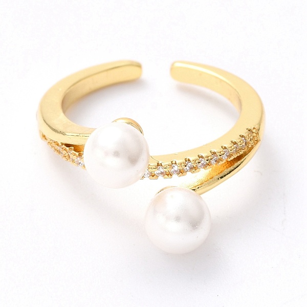 

PandaHall Brass Micro Pave Clear Cubic Zirconia Cuff Rings, Open Rings, with Shell Pearl Round Beads, Long-Lasting Plated, Real 18K Gold..., White