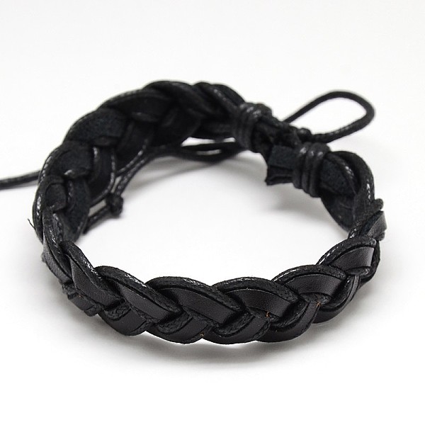 PandaHall Trendy Unisex Casual Style Braided Waxed Cord and Leather Bracelets, Black, 58mm Leather Black