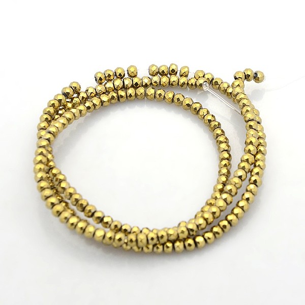

PandaHall Electroplate Non-magnetic Synthetic Hematite Beads Strands, Faceted Rondelle, Golden Plated, 3x2mm, Hole: 1mm, about 214pcs/strand...