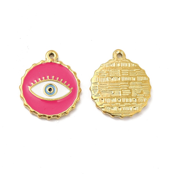 

PandaHall Vacuum Plating 201 Stainless Steel Enamel Pendants, Real 18K Gold Plated, Flat Round with Evil Eye Charm, Hot Pink, 23.5x20x2.5mm...