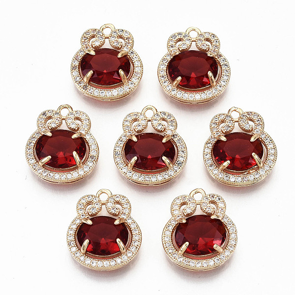 

PandaHall Brass Glass Rhinestone Pendants, with Micro Pave Clear Cubic Zirconia, Long-Lasting Plated, Cadmium Free & Lead Free, Flat Round..., Red
