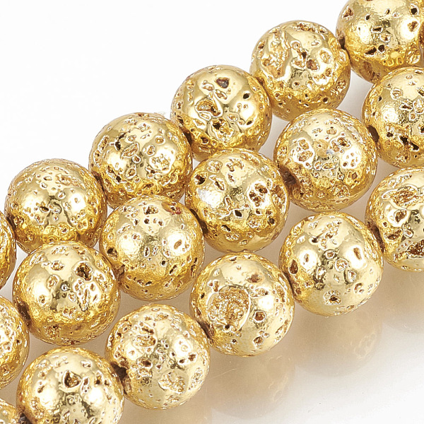 

PandaHall Electroplated Natural Lava Rock Beads Strands, Round, Bumpy, Golden Plated, 9mm, Hole: 1mm, about 47pcs/strand, 15.7 inch Lava...