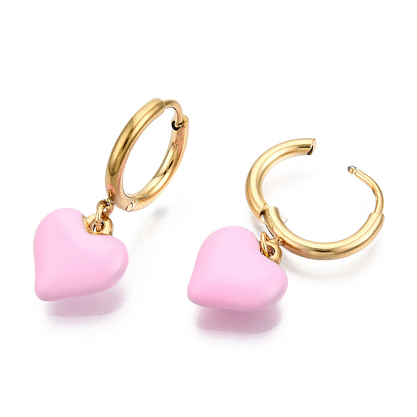 

PandaHall Enamel Heart Dangle Hoop Earrings, Real 18K Gold Plated 304 Stainless Steel Jewelry for Women, Nickel Free, Pink, 28x11.5mm, Pin...