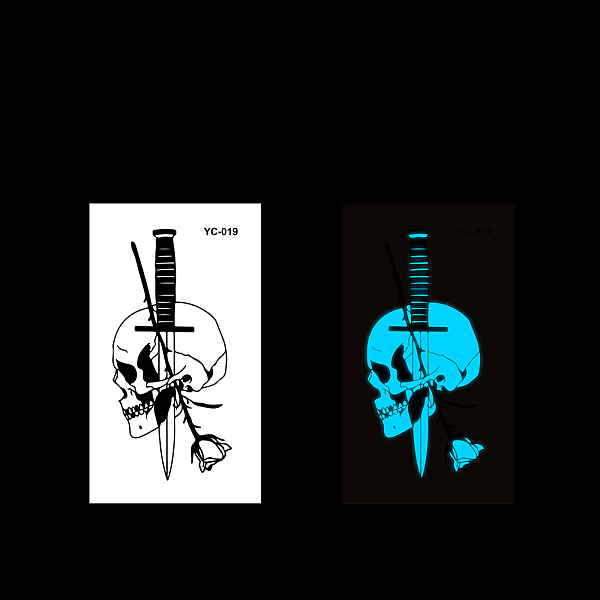 

PandaHall Luminous Sword with Skull Pattern Removable Temporary Water Proof Tattoos Paper Stickers, Glow in the Dark, 10.5x6cm Paper Skull