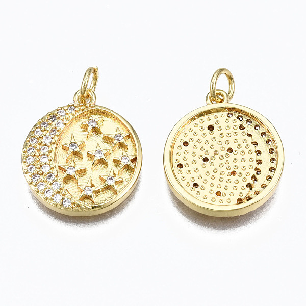 

PandaHall Brass Micro Pave Clear Cubic Zirconia Pendants, with Jump Rings, Nickel Free, Flat Round with Moon and Star, Real 16K Gold Plated...