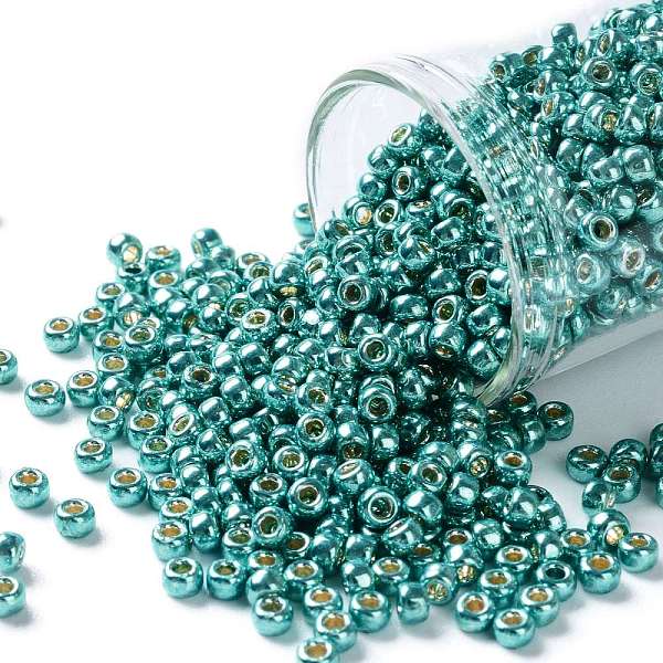 

PandaHall TOHO Round Seed Beads, Japanese Seed Beads, (PF569) PermaFinish Turquoise Metallic, 8/0, 3mm, Hole: 1mm, about 222pcs/10g Glass..., Cyan