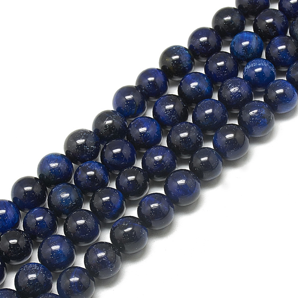 PandaHall Natural Tiger Eye Beads Strands, Dyed, Round, Dark Blue, 8~8.5mm, Hole: 1mm, about 47~48pcs/strand, 14.96~15.55 inch(38~39.5cm)...