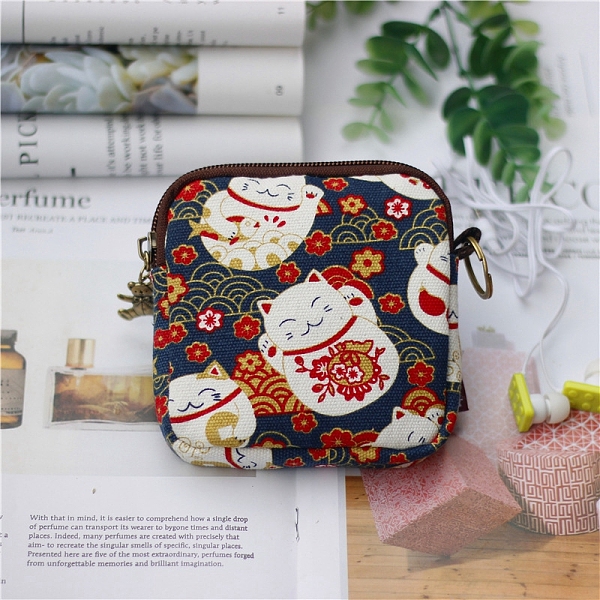 Cat Printed Canvas Cloth Zipper Wallets Purse for Women