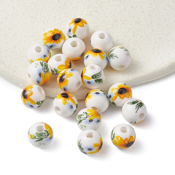 

PandaHall Handmade Porcelain Beads, Round with Sunflower Pattern, Yellow, 10mm, Hole: 2mm Porcelain Round Yellow
