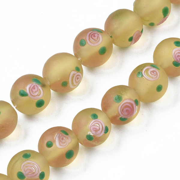 

PandaHall Handmade Frosted Lampwork Beads Strands, Round with Flower, Gold, 11~12mm, Hole: 1.4mm, about 45pcs/strand, 19.69 inch(50cm)...