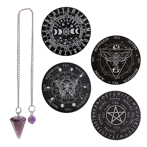 

PandaHall GORGECRAFT 4PCS Pendulum Boards Star Pendulum Board Wooden Divination Pendulum Dowsing Divination Set Butterfly Pentagram Moon..., Black