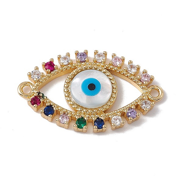 

PandaHall Rack Plating Brass Micro Pave Colorful Cubic Zirconia Connector Charms, Evil Eye Link, with Shell Cabochon, Cadmium Free & Nickel...