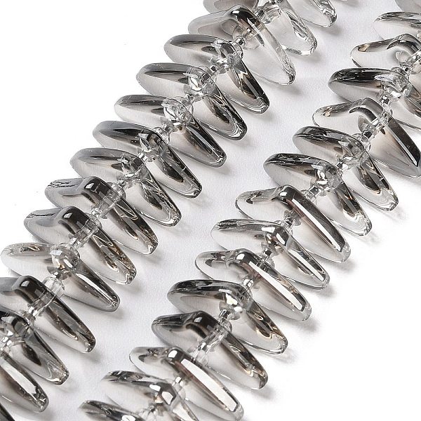 

PandaHall Electroplate Glass Beads Strands, Triangle, Gray, 9x15.5~16x2.8~3mm, Hole: 1mm, about 119~131pcs/strand, 24.21''~24.41''...