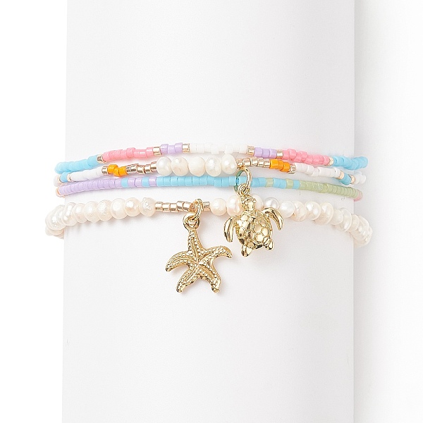 

PandaHall 4Pcs 4 Style Natural Pearl & Glass Seed Beaded Stretch Bracelets Set, Brass Starfish & Turtle Charms Stackable Bracelets for Women..., Multicolor