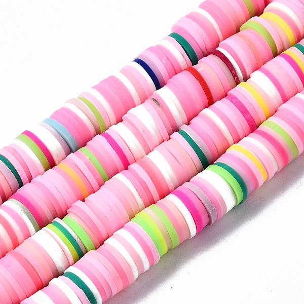 PandaHall Handmade Polymer Clay Beads Strands, for DIY Jewelry Crafts Supplies, Heishi Beads, Disc/Flat Round, Pink, 8x0.5~1mm, Hole: 2mm...