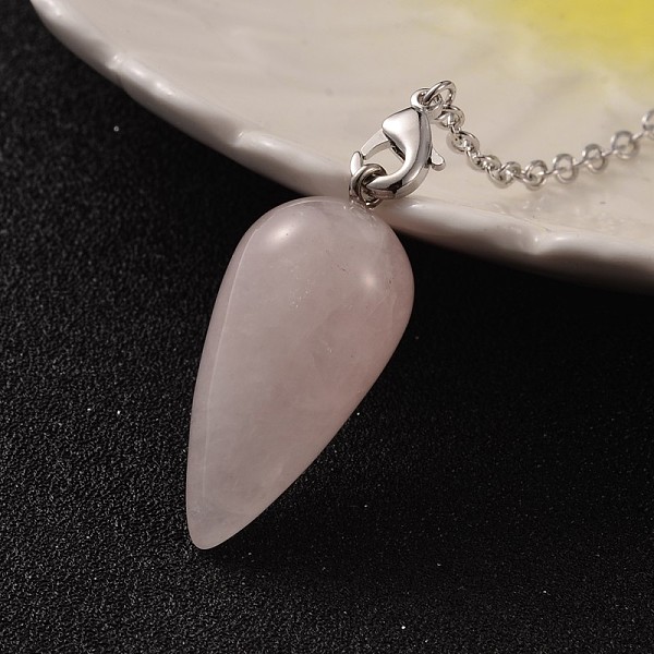 

PandaHall Teardrop Platinum Tone Brass Rose Quartz Dowsing Pendulums, with Lobster Claw Clasps, 220x3mm Rose Quartz Teardrop