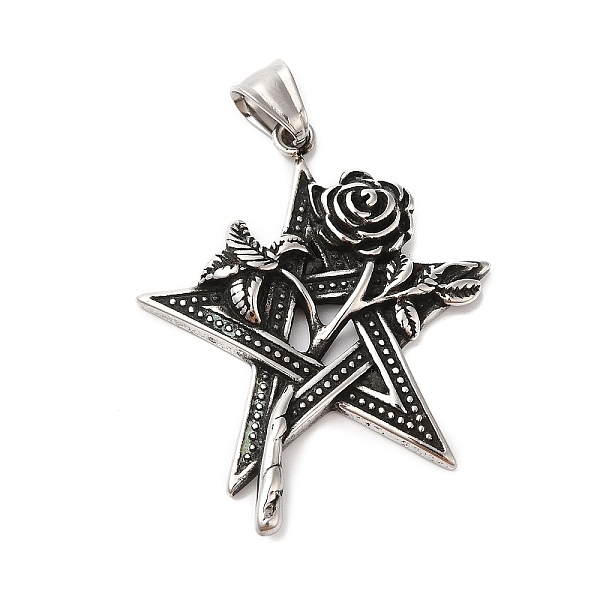 

PandaHall 304 Stainless Steel Big Pendants, Star with Rose Charm, Antique Silver, 55mm, Hole: 8x5mm 304 Stainless Steel Star