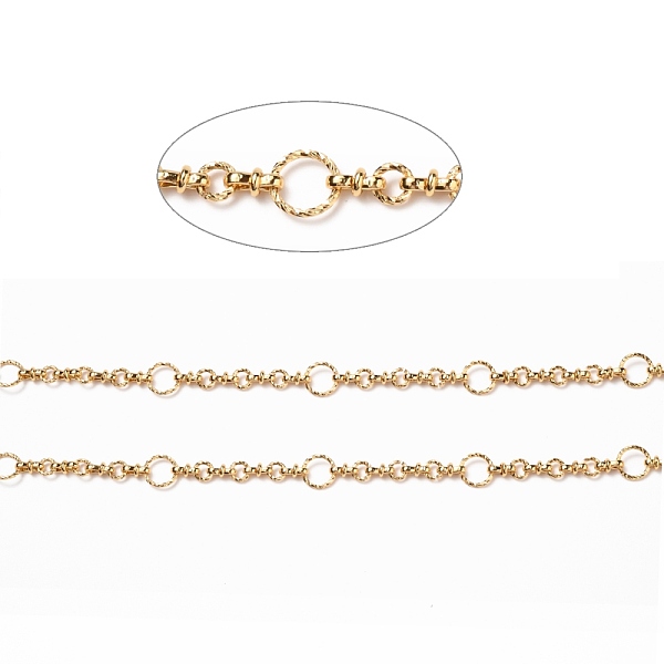 

PandaHall Brass Link Chains, with Spool, Textured, Unwelded, Real 18K Gold Plated, Ring: 8x1mm & 5x1mm, Link: 7x3mm, about 16.4 Feet...