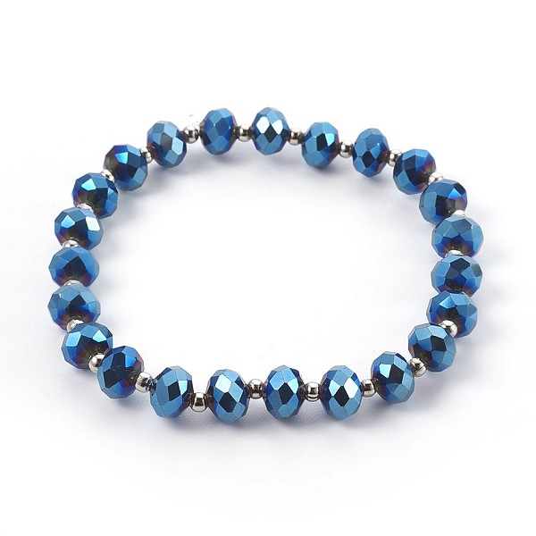 

PandaHall Electroplate Glass Stretch Bracelets, with Brass Spacer Beads, Round, Blue Plated, 2-1/8 inch(5.3cm) Glass