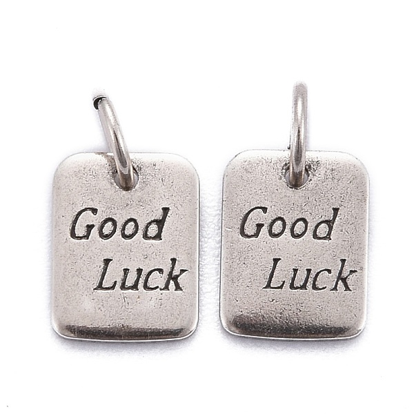 

PandaHall Brass Pendants, Long-Lasting Plated, Rectangle with Word Good Luck, Platinum, 9x7x1mm, Jump Ring: 5x1mm Brass Rectangle