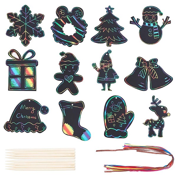 PandaHall Christmas Theme Rainbow Scratch Painting Art Paper, with Ribbon and Bamboo Sticks, Black, Scratch Paper: 10.1~12.1x7.7~14x0.03cm...