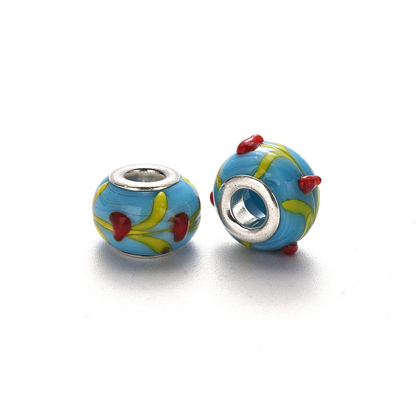 

PandaHall Handmade Lampwork European Beads, Bumpy, Large Hole Rondelle Beads, with Platinum Tone Brass Double Cores, Rondelle, Sky Blue...