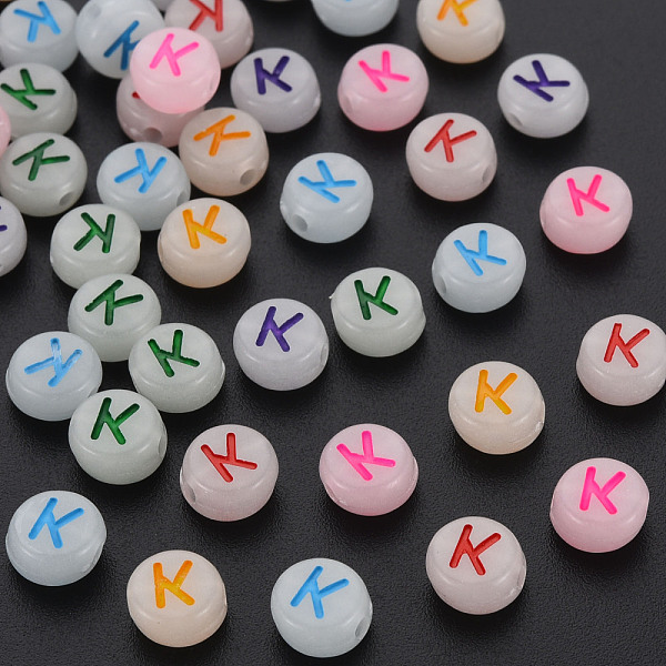 

PandaHall Acrylic Beads, Glow in the Dark, with Enamel and Luminous, Horizontal Hole, Flat Round with Alphabet, Letter.K, 6.5x7x4mm, Hole..., Multicolor