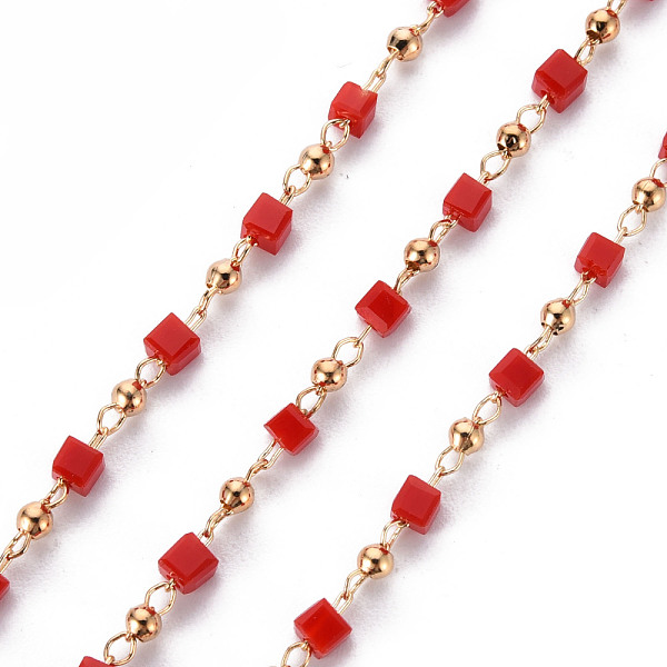 

PandaHall Handmade Acrylic Beaded Chains, with Brass Findings, Soldered, Spool, Square, Real 18K Gold Plated, Red, 2.5x2.5x2.5mm, about 16.4...